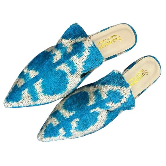 SUZANI ART Velvet Silk Leather Ikat Mule Shoes Slippers Blue EU 39 US 8.5 Turkey - Picture 1 of 6